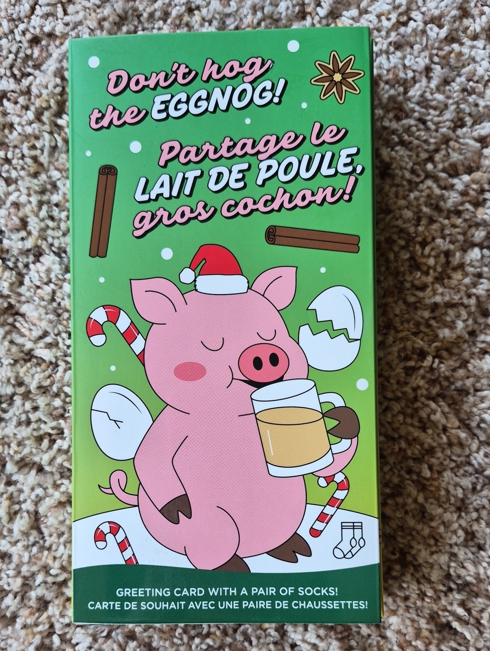 Don’t Nog the Eggnog Pink Pig Holiday Greeting Card with Socks - Unisex